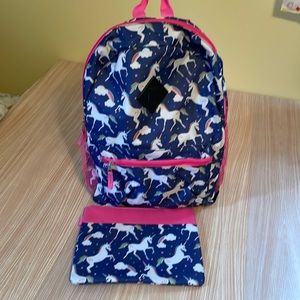 Unicorn backpack blue and pink matching pencil case rainbows girl kids youth
